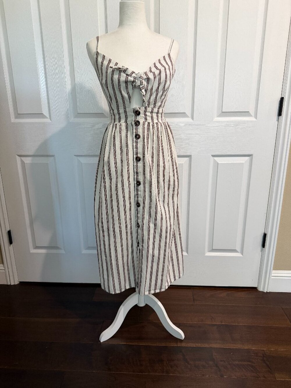 Japna Linen Striped Cut Out Tie Front Midi Dress Size Small